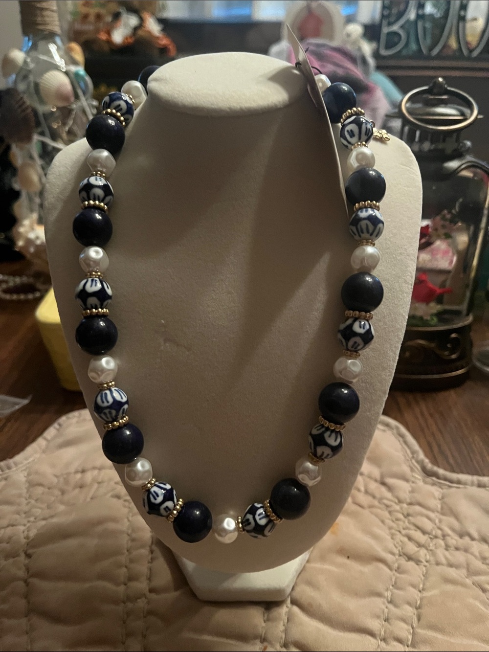 Patricia Nash Navy, White and Gold Beaded Necklace
